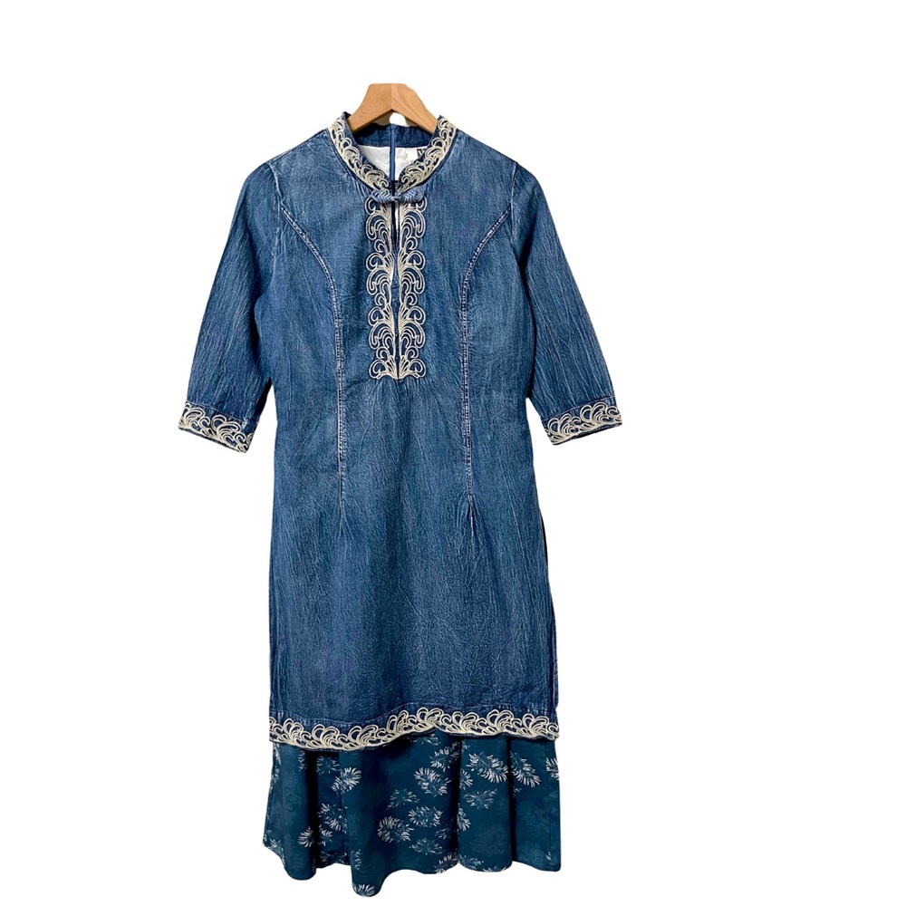 Vicky and Lucas Floral Embroidery Tunic Style Denim Long Dress Size XS